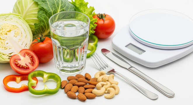 Digital kitchen scale with fresh vegetables, nuts and glass of water arranged for balanced diet planning and portion control