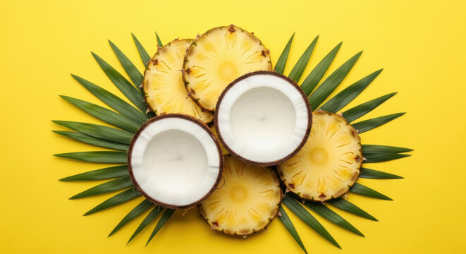Fresh coconut halves and pineapple slices arranged on tropical palm leaves over vibrant yellow background for summer food concept