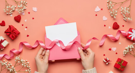 Hands holding pink envelope with blank card surrounded by gift boxes hearts ribbon and flowers on pastel background
