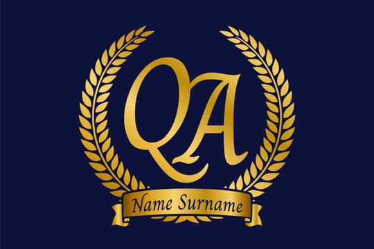 Initial letter Q and A, QA monogram logo design with laurel wreath. Luxury golden calligraphy font.