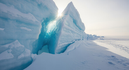 sunlight shining through icy cave entrance in vast frozen landscape with dramatic snow formations and pristine winter wilderness
