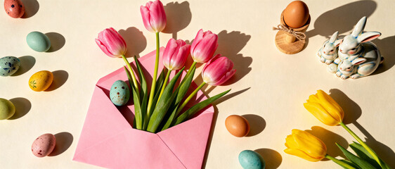 Pink envelope with tulip bouquet surrounded by colorful easter eggs and decorative bunny figurines on pastel background
