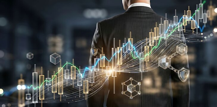 Confident businessman in suit navigating stock market trends with data driven strategies, embodying financial growth and investment success for a brighter future