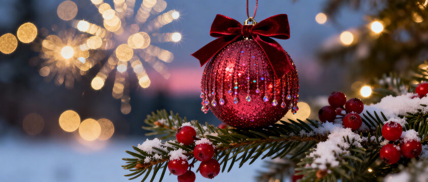 Sparkling red christmas bauble hanging on snowy evergreen branch with festive berries and glowing holiday lights in winter evening