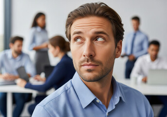 Hidden Eye-Roll Moment: A Professional Masks Sudden Internal Frustration During a Busy Collaborative Office Meeting Scene.