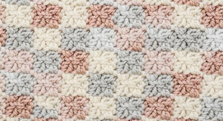 Fototapeta premium Delicate yarn squares interlock in gentle hues, a crocheted texture of comfort and handcrafted warmth.