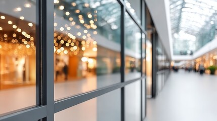 Modern Interior with Glass Panels and Bokeh Lights Creating a Stylish and Reflective Ambiance