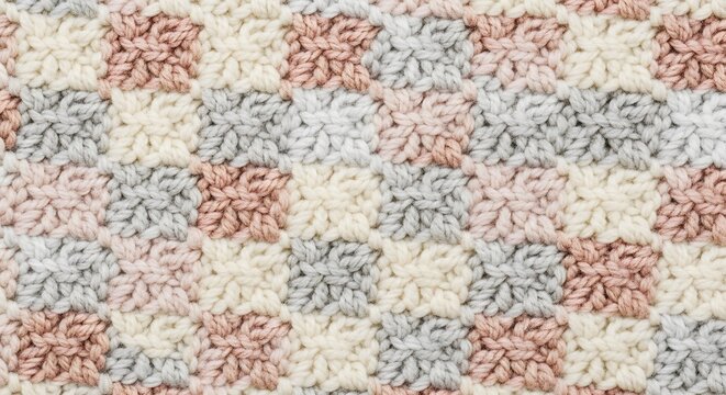 Delicate yarn squares interlock in gentle hues, a crocheted texture of comfort and handcrafted warmth.