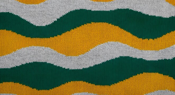 Woven threads create a colorful abstract pattern. Green, gold, and grey waves interlock subtly. - Powered by Adobe
