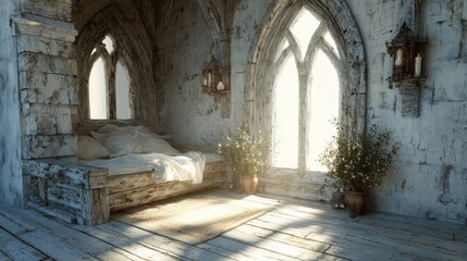 Fototapeta premium Ancient bedroom with stone walls and arched windows bathes in sunlight.