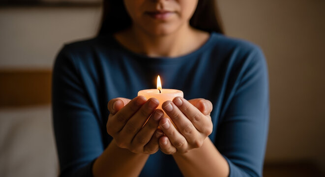 Holding candle flame in memory for Suicide Loss Day, woman commemorates loved ones. Suicide Loss Day candle shines bright, representing hope and remembrance, especially after tragic loss.