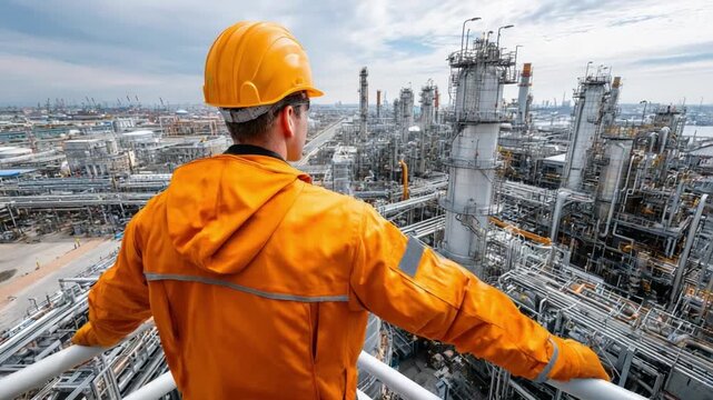 Industry Overseer: An engineer gazes with a sense of pride over a vast industrial landscape, his attire showcasing safety protocols and the essence of precision in the demanding world of industry.