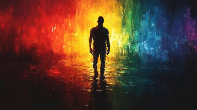 A striking silhouette figure is set against a dynamic abstract background shifting through vibrant hues of red, yellow, green, blue, and purple, creating a captivating visual effect.