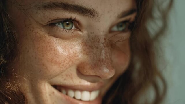 Close-up portrait of a smiling woman with freckles.