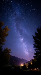 Fototapeta premium Night Sky Starry Milky Way Landscape with Mountain and Tree Silhouettes