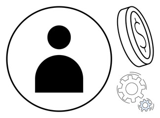Fototapeta premium Black user icon in circle next to coin and gear symbols indicating finance, automation, and efficiency. Ideal for finance, systems, user roles, technology, process, HR simple flat metaphor