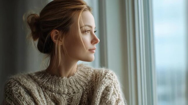 Side-profile of a woman in a chunky knit sweater looking out a window, lost in thought.