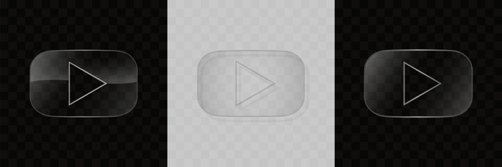 Play button in glass style. Start playing transparent effect icon set. Multimedia glassmorphism badge. Video or audio sign. Vector illustration
