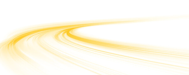 Transparent yellow neon speed line with futuristic motion effect. Abstract glowing light trails visualize high speed data flow and energy movement. Dynamic technological background isolated in png.