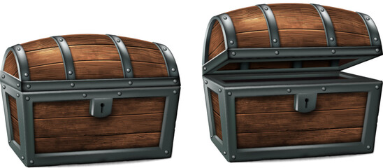 Two antique wooden chests, one of them is open. White background. High detailed realistic illustration.