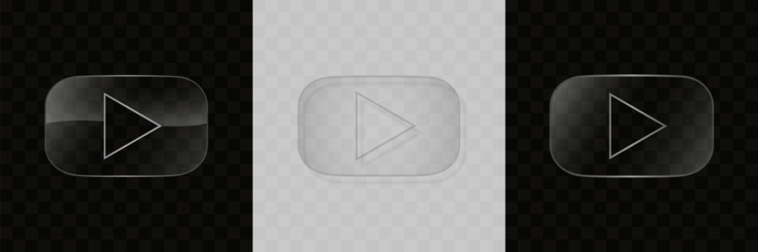 Play button in glass style. Start playing transparent effect icon set. Multimedia glassmorphism badge. Video or audio sign. Vector illustration