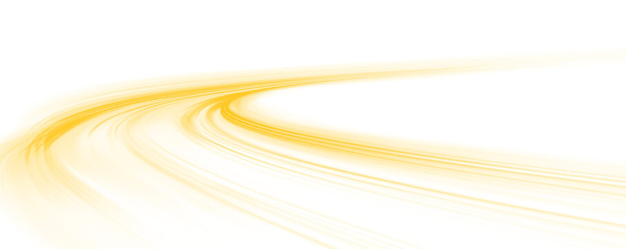 Transparent yellow neon speed line with futuristic motion effect. Abstract glowing light trails visualize high speed data flow and energy movement. Dynamic technological background isolated in png.