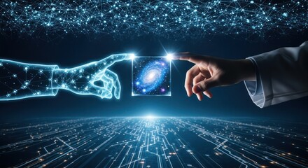 Hands touching galaxy cube digital illustration conceptual design