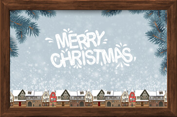 Merry Christmas greeting in a wooden frame. Old town, falling snow.  Highly realistic illustration.