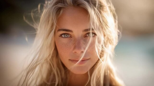Close-up portrait of a blonde woman with blue eyes, wind-blown hair, standing on a sunny beach.