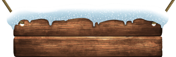 Old wooden snow covered shield on a white background. Highly realistic illustration