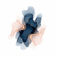 Abstract fluid art with blue and peach organic shapes isolated on white background