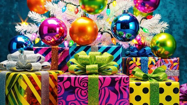 White Christmas tree with colorful lights and patterned gift boxes on vibrant festive background.