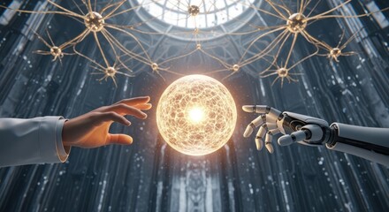 Human and robotic hands reaching for glowing orb in abstract scene