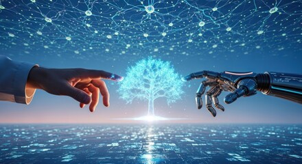 Human and robotic hands touching a digital tree representing technology