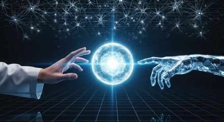 Human hand and robotic arm touching glowing sphere illustration