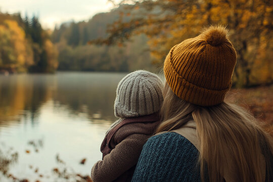 Smiling parent with happy child outdoors during a peaceful picnic in nature on sunny day, generative ai