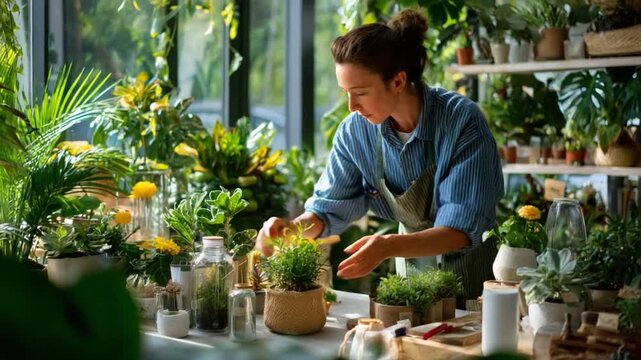Greenery Harmony: A dedicated botanist tends to an array of lush plants within a sun-drenched greenhouse, tending to botanical wonders with meticulous care.