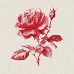 A detailed vintage-style illustration of a red rose with delicate petals and stem on a plain neutral background.