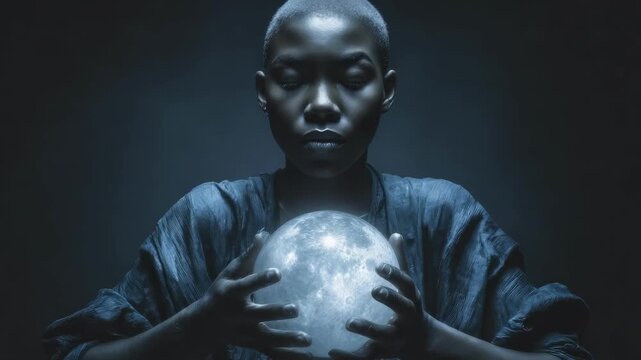 A person in dark clothing gently holds a glowing moon-like orb in a dim, moody setting.