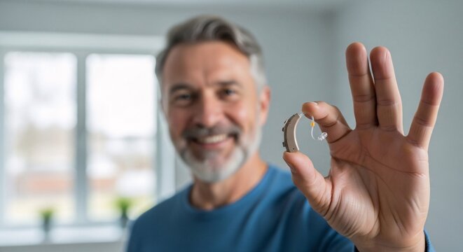 Happy mature man shows modern hearing aid in hand improving auditory experience and communication promoting well being and an active lifestyle overcoming hearing loss