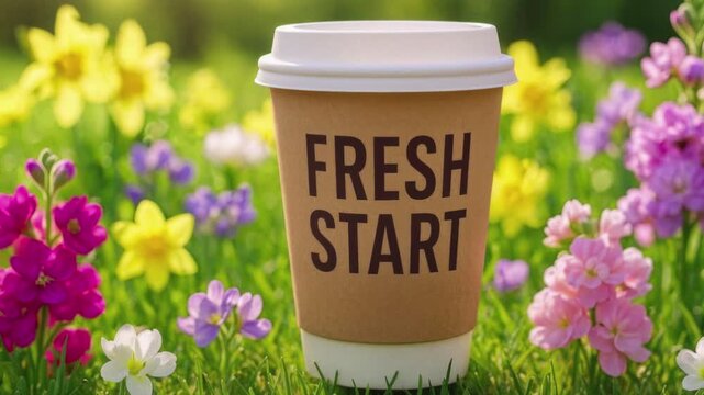 Paper coffee cup with phrase FRESH START standing in blooming spring meadow with colorful flowers, seasonal morning concept - Powered by Adobe