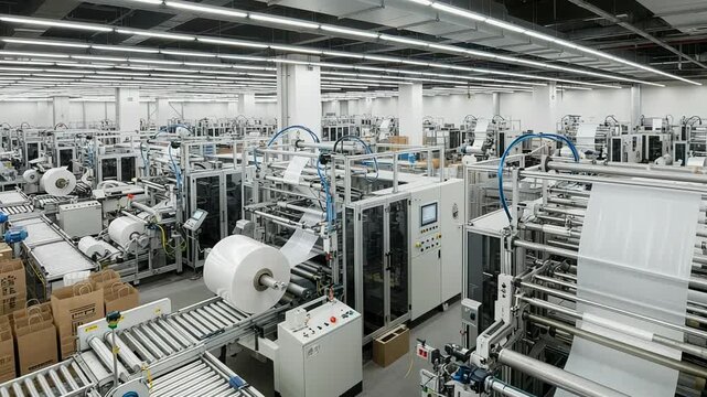 Automated packaging factory producing bubble wrap, plastic films, and paper bags efficiently.