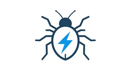 A blue bug icon with six legs & antennae, with a bright blue lightning bolt on its back, isolated on white
