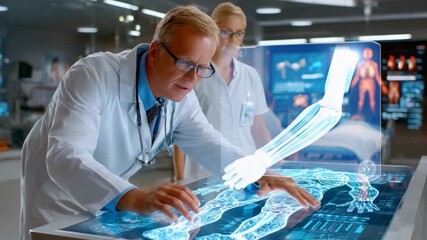 Medical Professionals Analyze Futuristic Hologram: Inside a cutting-edge medical lab, two healthcare professionals are deeply engrossed in examining a futuristic hologram of a human body. - Powered by Adobe
