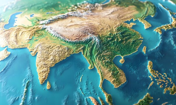 Topographic photo map of South and Southeast Asia showing elevation, terrain, and major geographic features including the Himalayas, plains, and surrounding seas.