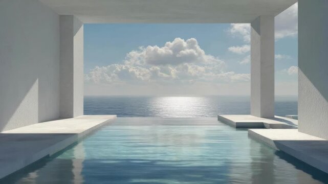 An infinity pool framed by white modern arches overlooking the ocean and sky.