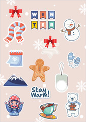 Cute Winter Sticker Set – Snowman, Mittens, Gingerbread, Polar Bear, Hot Chocolate, and Festive Holiday Icons