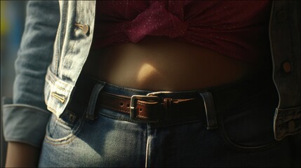Muffin Top Effect and Tight Jeans Highlight Weight Gain Lifestyle Struggle in Realistic Lighting