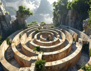 A winding stone maze sits nestled between rocky outcrops and lush vegetation, set against a misty mountain backdrop