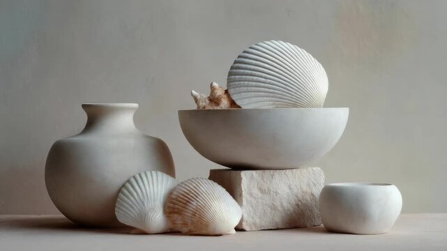 Minimalist still life of beige ceramic vases and bowls with seashells arranged on a stone block backdrop.